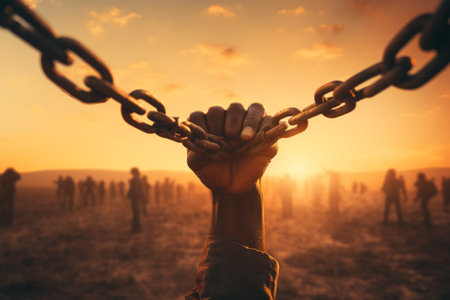 Hands of a man with chain on the background of the sunsetの素材