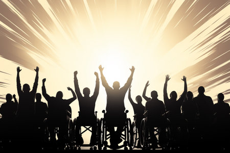 Silhouette of a group of people in a wheelchair at sunset.の素材