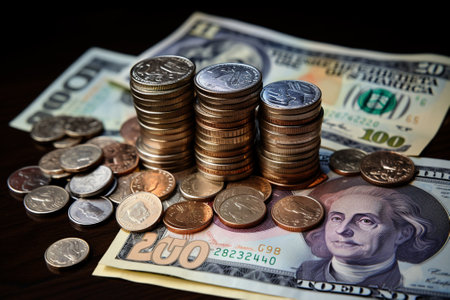 Coins and money on a wooden table. Business and finance concept.の素材