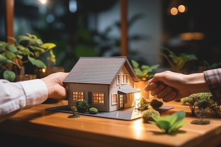 Hands of real estate agent giving house model to customer at table.の素材