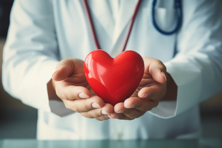 Close-up of female doctor holding red heart on desk in clinicの素材