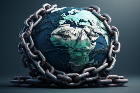 Earth globe in chains on a grey background. 3D illustration.の素材