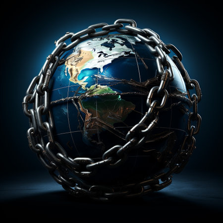 Earth globe in chains on dark blue background. 3D rendering.の素材