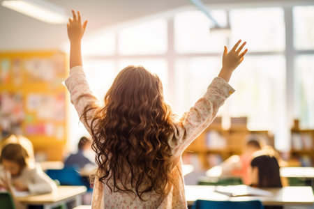 Back view of schoolgirl raising hands while standing in classroom at schoolの素材