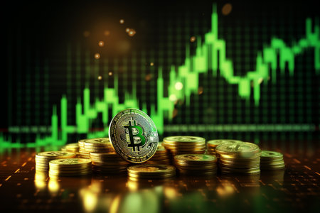 golden bitcoin on the background of the stock market chart and graphの素材