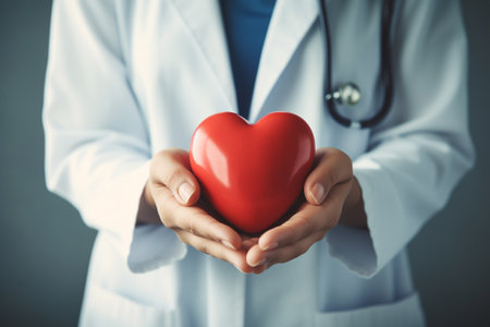 Female doctor holding a red heart in her hands, close-upの素材