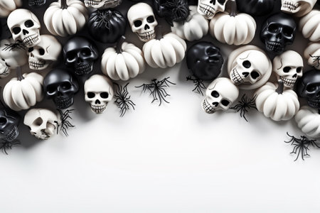 Halloween background with black and white pumpkins and spiders on white backgroundの素材