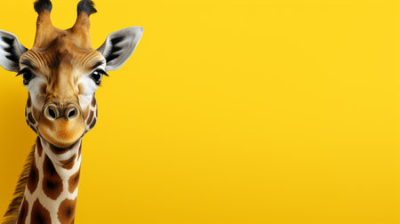 Giraffe head isolated on yellow background with copy space for textの素材