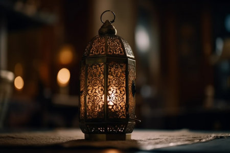 Lantern on the table in a restaurant. Ramadan Kareem backgroundの素材