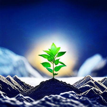 Green sprout growing from ground. Ecology concept. 3D Renderingの素材