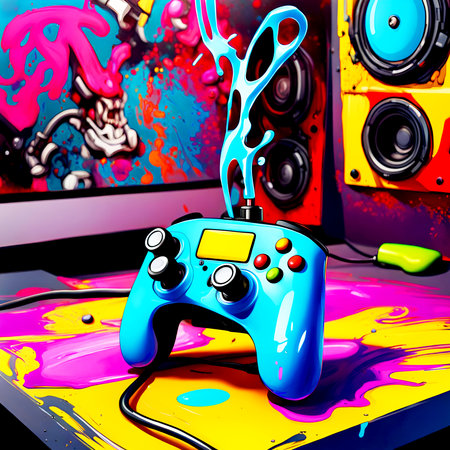 Joystick on the background of colorful graffiti. 3d illustration.の素材