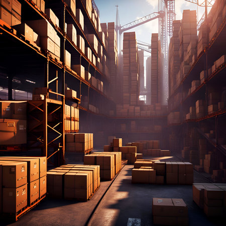 3D rendering of a warehouse with lots of boxes in the foregroundの素材