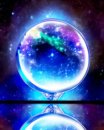 Illustration of a crystal ball in space with stars and nebulaの素材