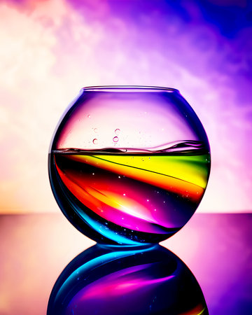 Colorful water in a glass vase on a colorful background.の素材