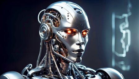 Cyborg with glowing eyes on dark background. 3D renderingの素材