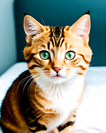 Beautiful bengal cat with green eyes sitting on the bedの素材