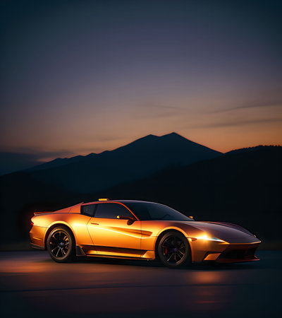 3D rendering of a brand-less generic concept car in the mountainsの素材