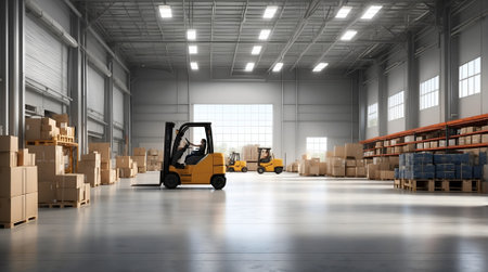 Forklift in warehouse. Mixed media. Mixed media. Mixed mediaの素材