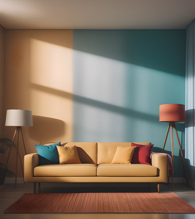 Interior of modern living room with yellow sofa and blue wall. 3d renderの素材