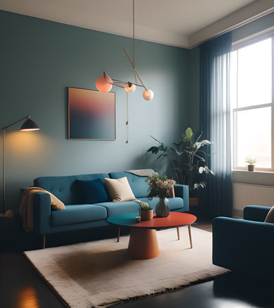 Blue living room interior with blue sofa, coffee table and flowers. 3d renderの素材