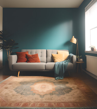 Interior of modern living room with blue walls, carpet and sofa. 3d renderの素材