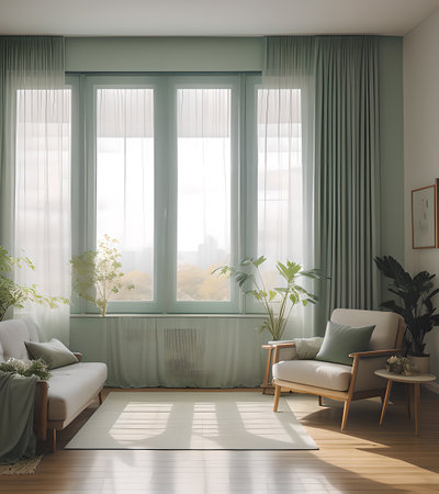 modern living room with green curtains, 3d render illustration mock upの素材