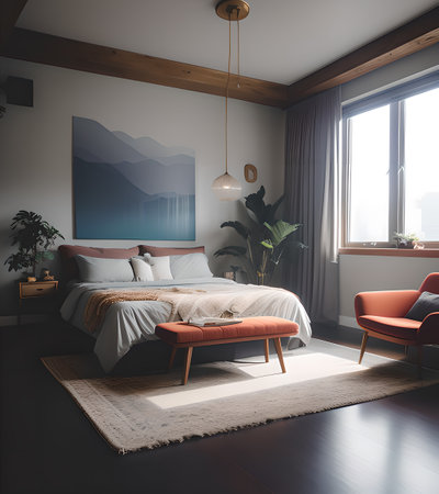 Interior of modern bedroom with brown walls, wooden floor, comfortable orange bed and two orange armchairs. 3d renderingの素材