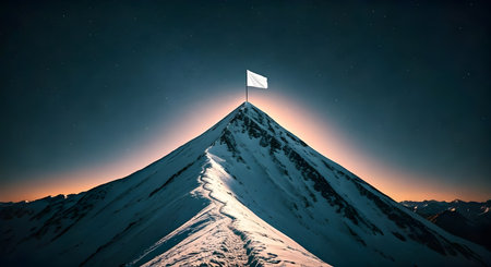 Flag on top of a mountain at night. 3D Renderingの素材