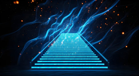 Blue neon stairs on dark background. Glowing stairs. 3D renderingの素材