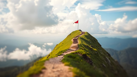 Red flag on the top of the mountain. Concept of success and victory.の素材
