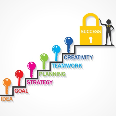 Keys climb up success stair and business man point to success lock stock vectorのイラスト素材