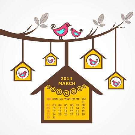 Calendar of March 2014 with birds sit on branch stock vectorのイラスト素材