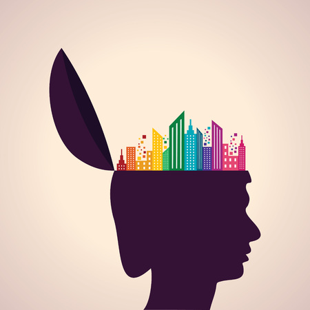 Illustration of thinking concept-Human head with colorful building iconのイラスト素材