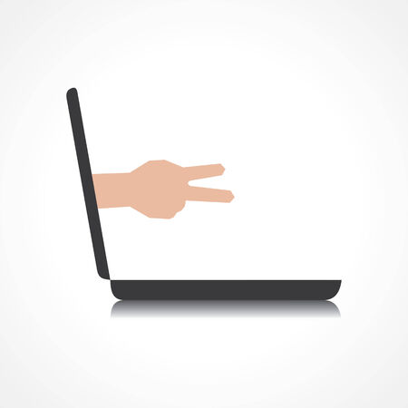 Victory hand  comes from laptop screen stock vectorのイラスト素材