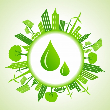 Eco cityscape around water drops stock vectorのイラスト素材