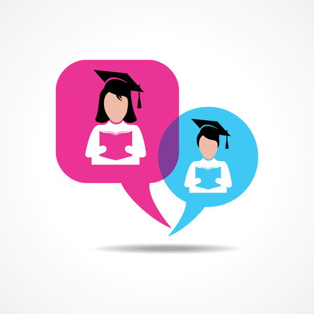 Girl and boy students for reading book in message bubble stock vectorのイラスト素材