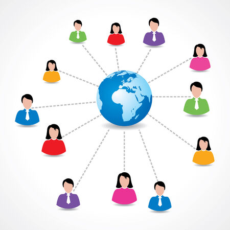 Social network concept with male and female icons around earth stock vectorのイラスト素材