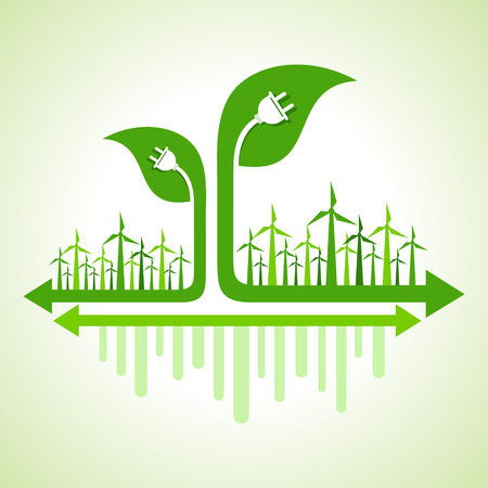 Ilustración de Ecology Concept - wind mill with leaf and electric plug stock vector - Imagen libre de derechos