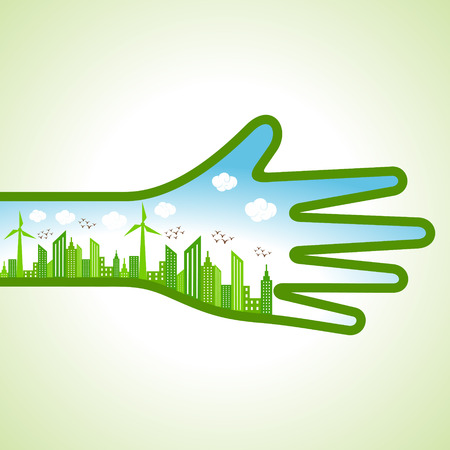 Ecology Concept - eco cityscape with handのイラスト素材