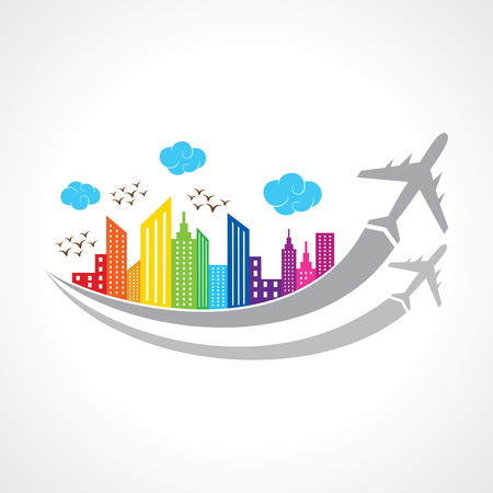 Colorful background with city and airplanes. vector illustrationのイラスト素材