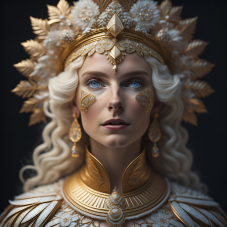 Portrait of a beautiful woman with gold make-up and precious jewelryの素材