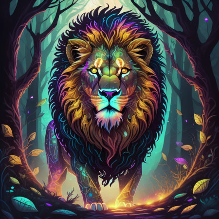 Lion in the dark forest. Vector illustration for your design.の素材