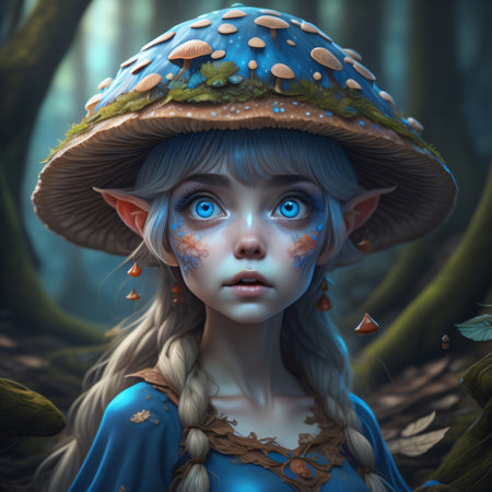 3d illustration of a fantasy fairy tale girl with a mushroom hatの素材