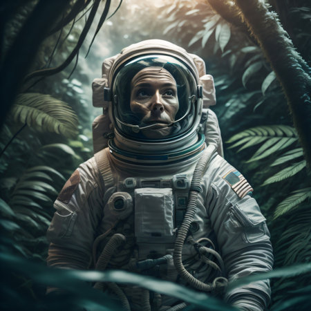 Astronaut in the jungle. Portrait of an astronaut.の素材