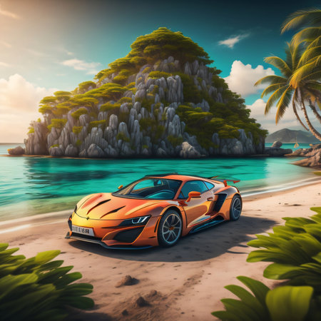 Futuristic car on a tropical beach. 3D rendering.の素材