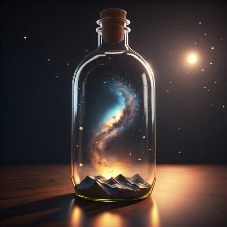 3d illustration of a magic bottle with a planet inside and stars in the backgroundの素材