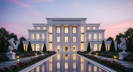 3D rendering of the White House in Washington DC at sunset.の素材