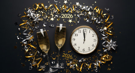 Happy New Year 2020. Champagne glasses with golden confetti and clock on black backgroundの素材