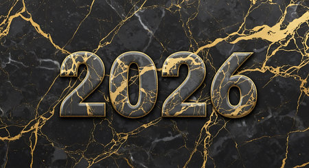 Happy New Year 2016. Golden text on a black marble background.の素材