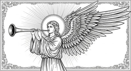 Angel with trumpet. Black and white vector illustration for coloring book.の素材